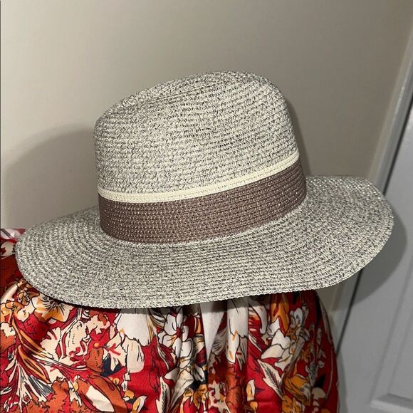 Halogen OS Panama Adjustable Fit Gray Tan Ivory Sun Beach Rollable Packable Hat